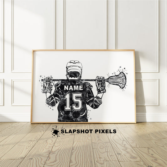 Personalized lacrosse poster showing back of a boy lacrosse player with custom name and number on the lacrosse jersey. Designed in watercolor splatters. Perfect lacrosse gifts for boys, lacrosse prints, lacrosse team gifts, lacrosse coach gift, lacrosse wall art décor in a lacrosse bedroom and birthday gifts for lacrosse players.