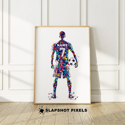 Personalized soccer poster showing back of a boy soccer player with custom name and number on the soccer jersey. Designed in watercolor splatters. Perfect soccer gifts for boys, football prints, soccer team gifts, soccer coach gift, soccer wall art décor in a soccer bedroom and birthday gifts for soccer players.