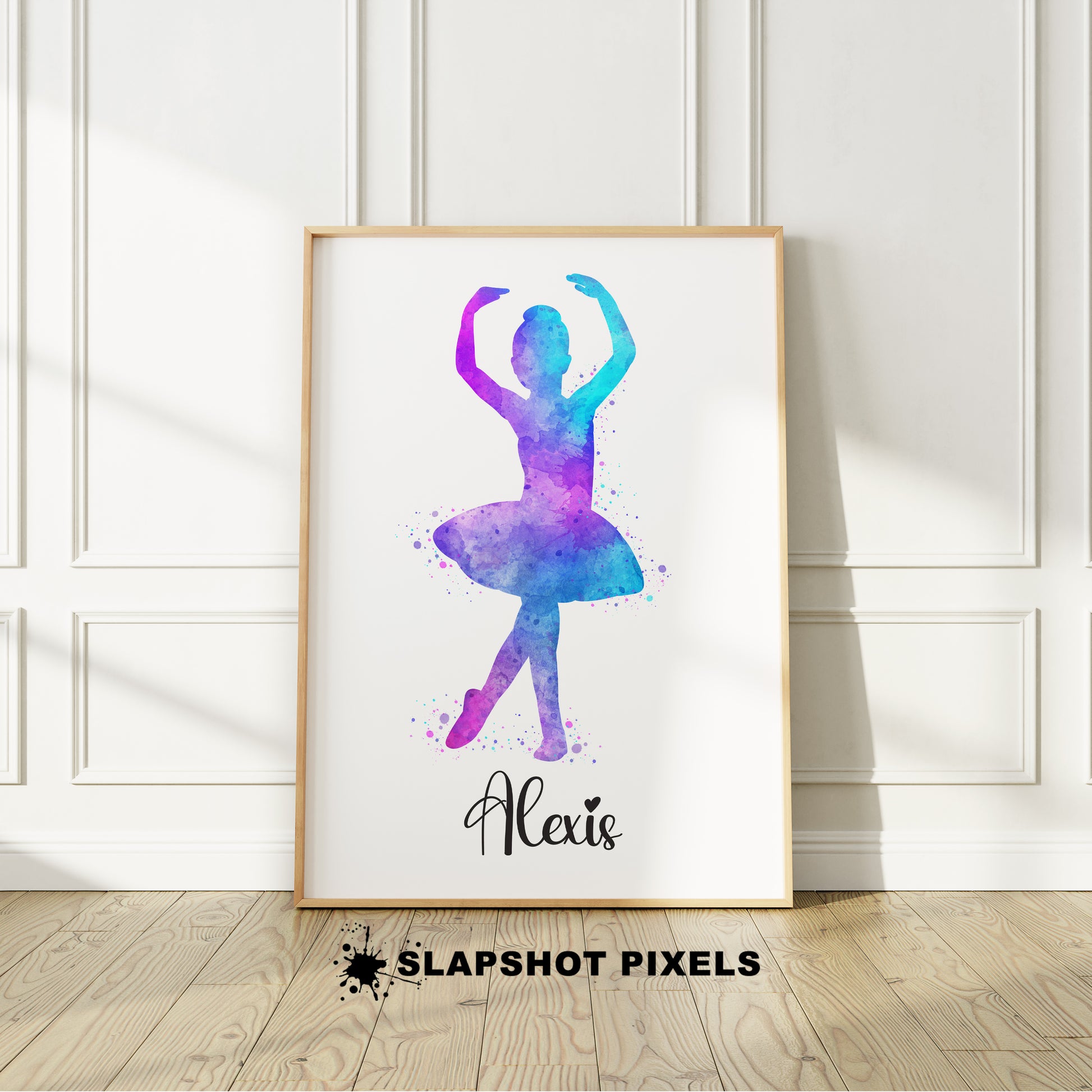 Personalized ballet poster showing a colorful watercolor design of a ballerina posing and a custom name underneath her. Perfect ballet gifts, dance gifts, ballet and dance bedroom decor, recital gifts, dance competition gifts and a playroom decor and girl nursery decor.