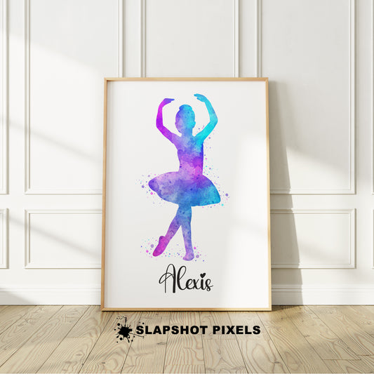 Personalized ballet poster showing a colorful watercolor design of a ballerina posing and a custom name underneath her. Perfect ballet gifts, dance gifts, ballet and dance bedroom decor, recital gifts, dance competition gifts and a playroom decor and girl nursery decor.
