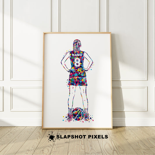 Personalized girl basketball poster showing back of a girl basketball player with custom name and number on the basketball jersey. Designed in watercolor splatters. Perfect basketball gifts for girls, basketball prints, basketball team gifts, basketball coach gift, basketball wall art décor in a basketball bedroom and birthday gifts for basketball players.