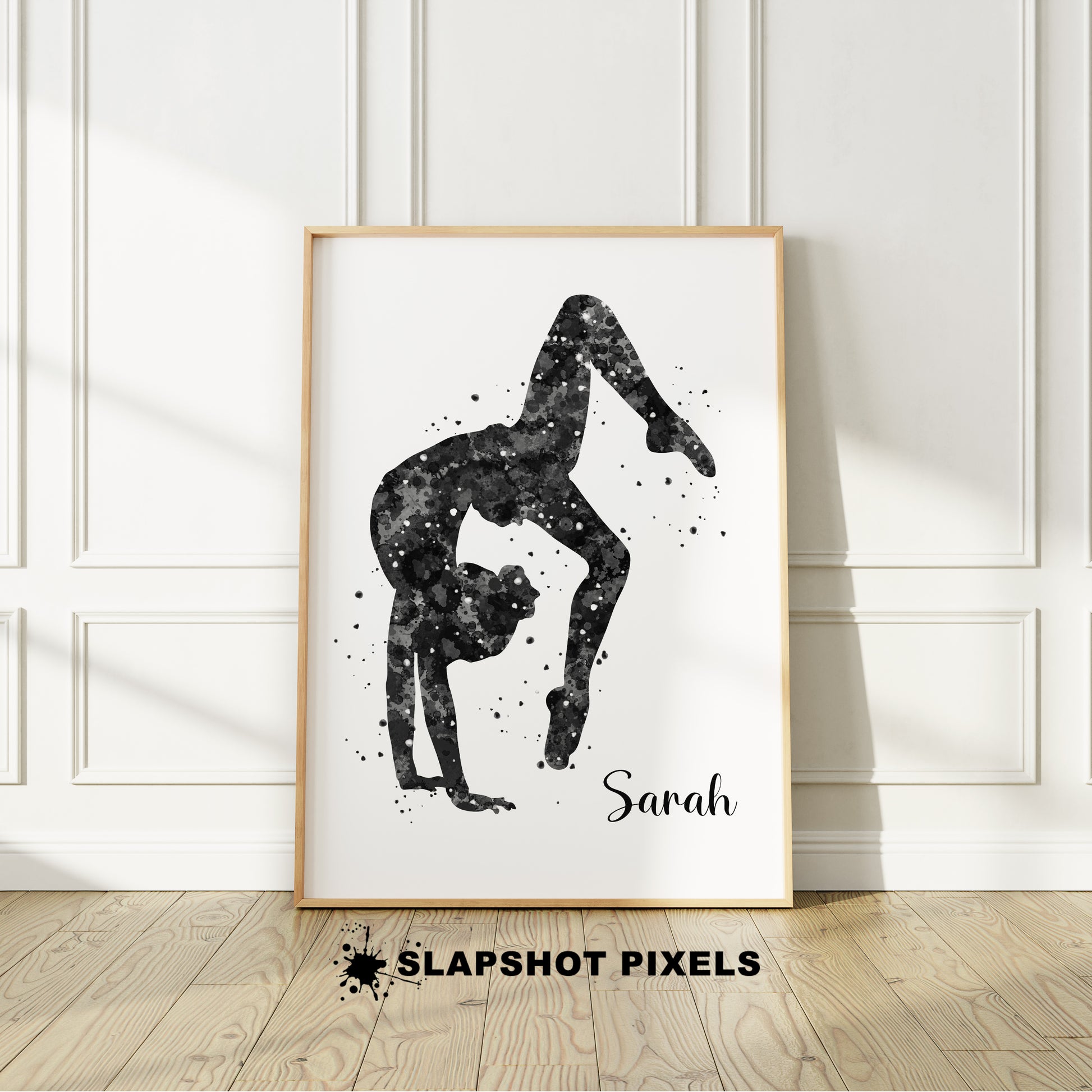 Personalized gymnastics poster showing girl bending backwards with a custom name under her. Designed in black and white watercolor splatters. Perfect gymnastics gifts for girls, gymnastics prints, dance wall art décor in a girls bedroom and birthday gifts for girls.