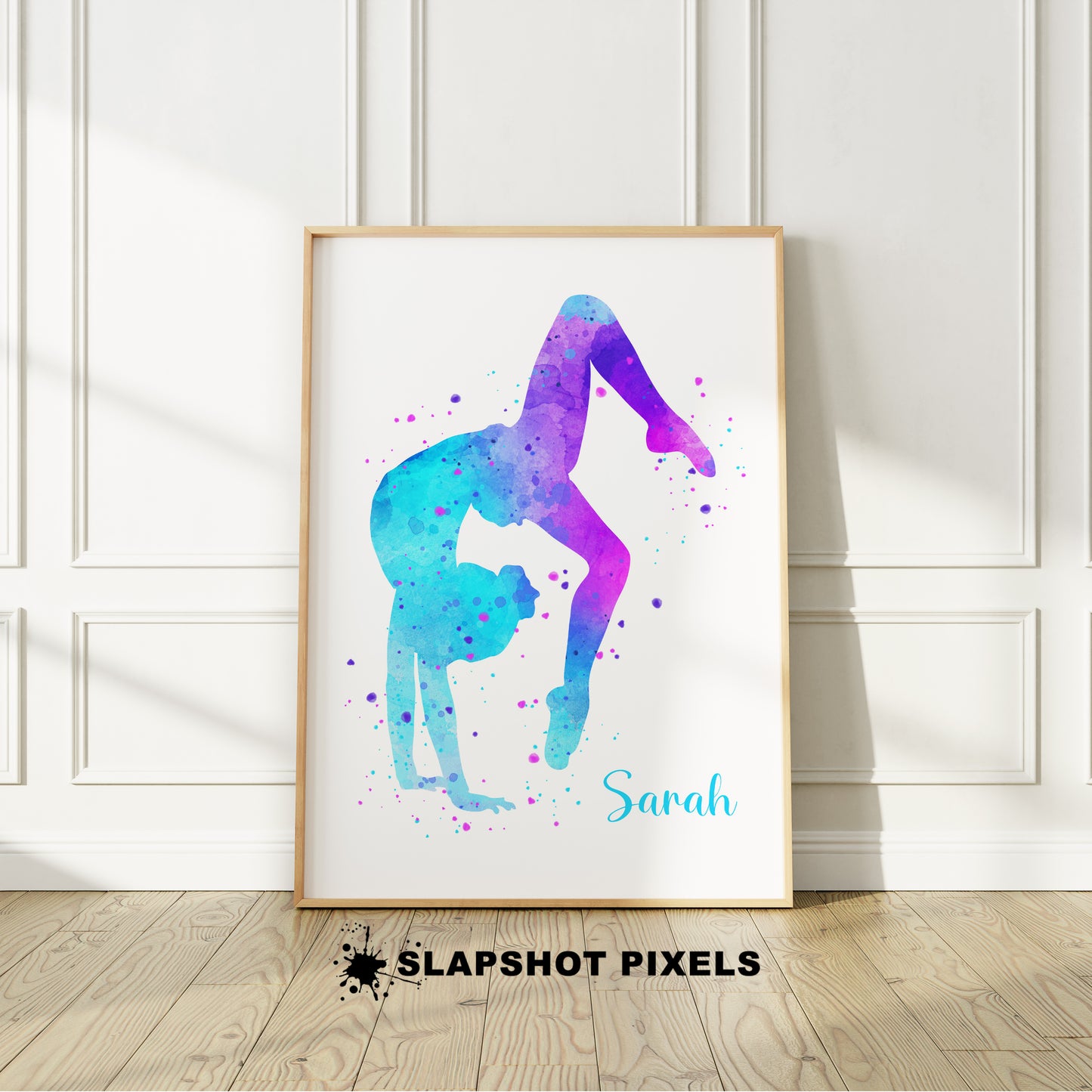 Personalized gymnastics poster showing girl bending backwards with a custom name under her. Designed in pink, purple and teal watercolor splatters. Perfect gymnastics gifts for girls, gymnastics prints, dance wall art décor in a girls bedroom and birthday gifts for girls.