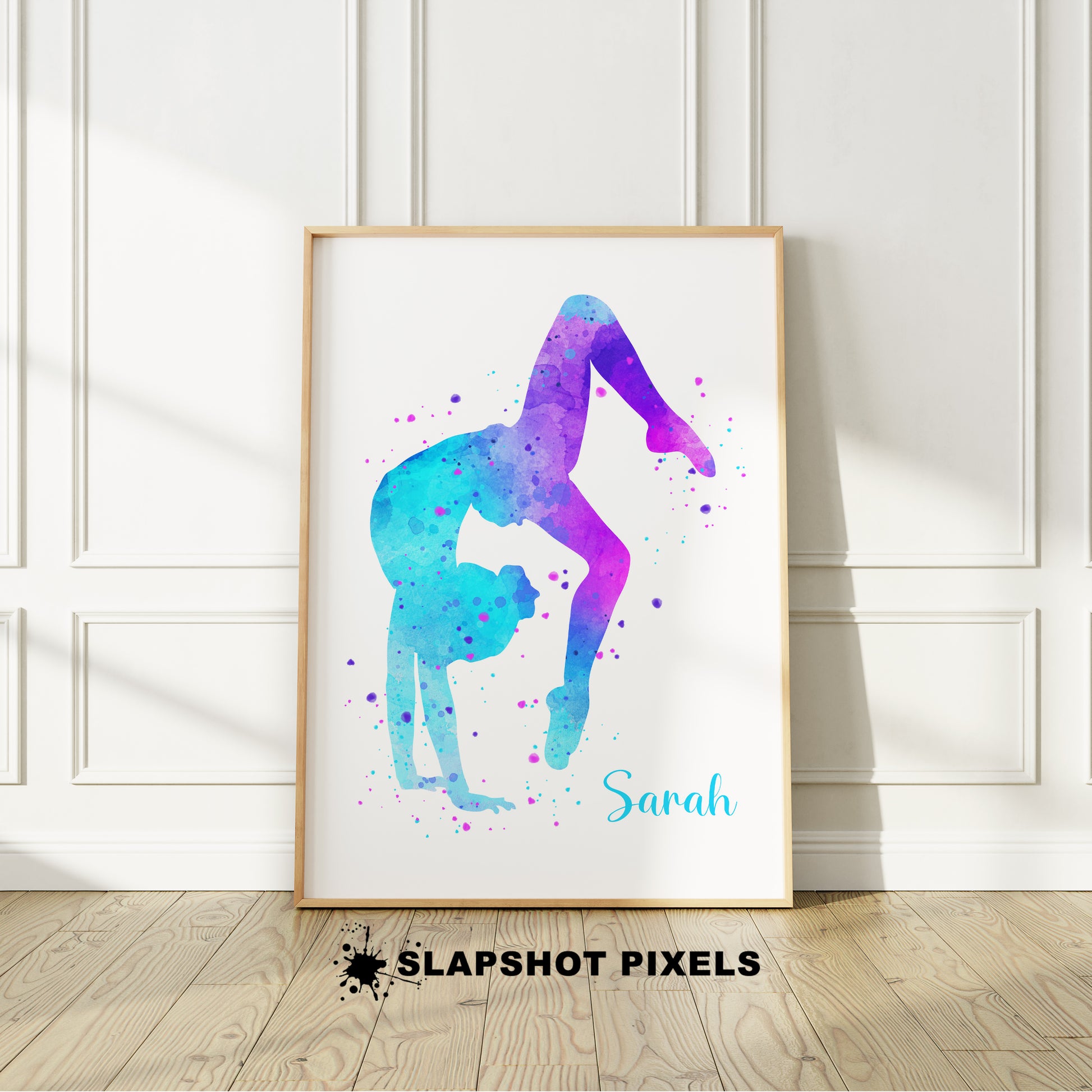 Personalized gymnastics poster showing girl bending backwards with a custom name under her. Designed in pink, purple and teal watercolor splatters. Perfect gymnastics gifts for girls, gymnastics prints, dance wall art décor in a girls bedroom and birthday gifts for girls.