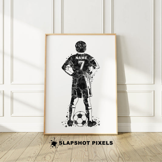 Personalized soccer poster showing back of a boy soccer player with custom name and number on the soccer jersey. Designed in watercolor splatters. Perfect soccer gifts for boys, football prints, soccer team gifts, soccer coach gift, soccer wall art décor in a soccer bedroom and birthday gifts for soccer players.