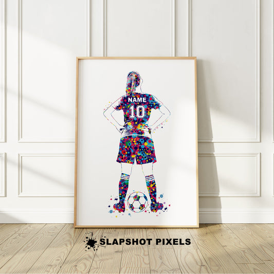 Personalized soccer poster of a girl soccer player standing and a custom name and number on the soccer jersey. Perfect soccer gifts for girls, soccer team gifts, soccer coach gift, soccer wall art décor, football prints and soccer bedroom ideas and soccer birthday gifts for girls and teens.