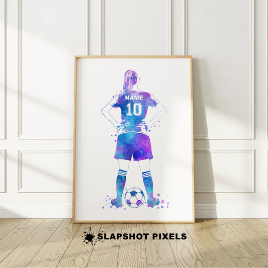 Personalized soccer poster of a girl soccer player standing and a custom name and number on the soccer jersey. Perfect soccer gifts for girls, soccer team gifts, soccer coach gift, soccer wall art décor, football prints and soccer bedroom ideas and soccer birthday gifts for girls and teens.