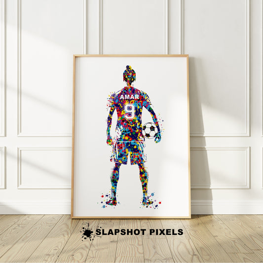 Personalized soccer poster for sikh or punjabi boy soccer player. Personalized name and number on the soccer jersey. Designed in watercolor splatters. Perfect sikh soccer gifts for boys, football prints, punjabi soccer gifts, soccer wall art and soccer team gifts.