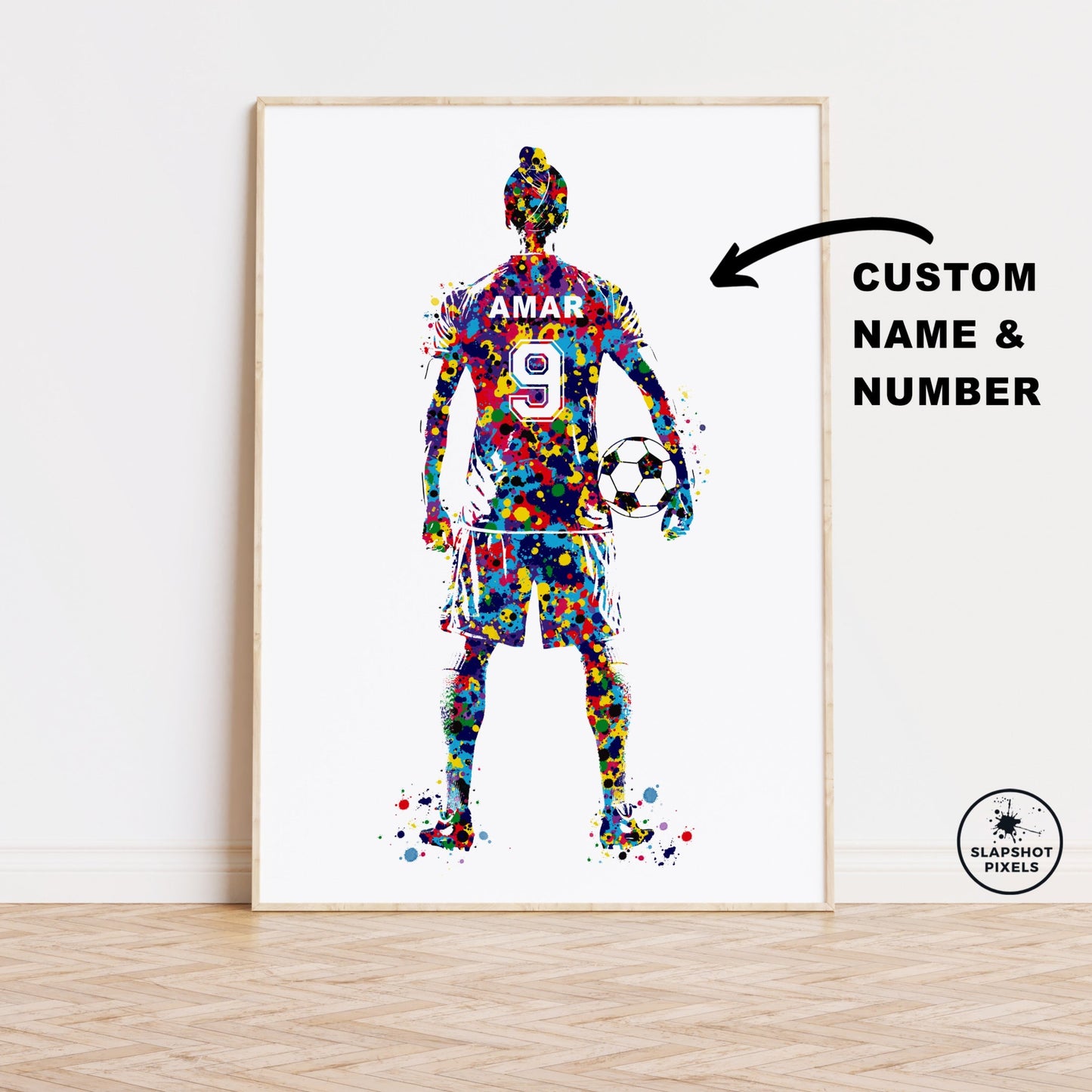 Personalized soccer poster for sikh or punjabi boy soccer player. Personalized name and number on the soccer jersey. Designed in watercolor splatters. Perfect sikh soccer gifts for boys, football prints, punjabi soccer gifts, soccer wall art and soccer team gifts.