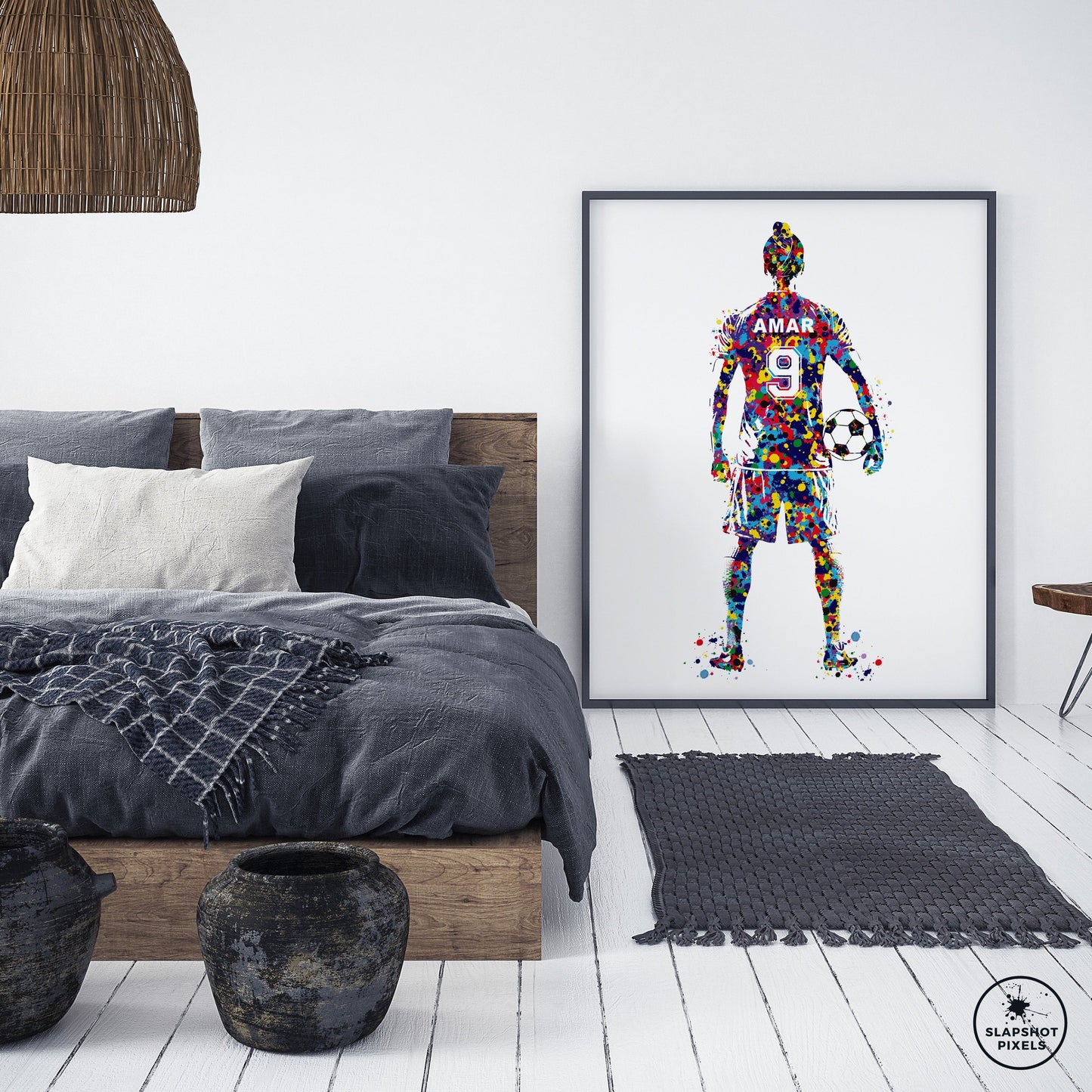 Personalized soccer poster for sikh or punjabi boy soccer player. Personalized name and number on the soccer jersey. Designed in watercolor splatters. Perfect sikh soccer gifts for boys, football prints, punjabi soccer gifts, soccer wall art and soccer team gifts.