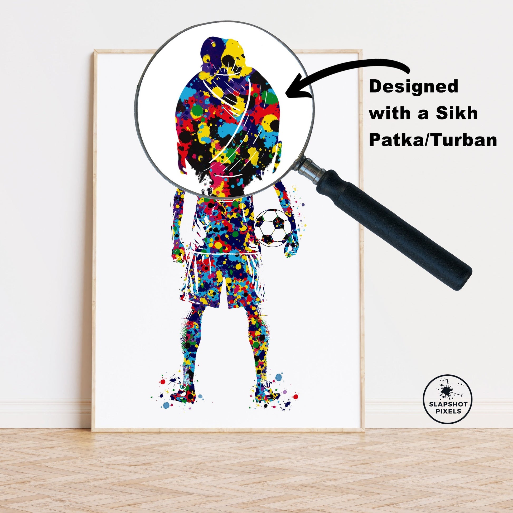 Personalized soccer poster for sikh or punjabi boy soccer player. Personalized name and number on the soccer jersey. Designed in watercolor splatters. Perfect sikh soccer gifts for boys, football prints, punjabi soccer gifts, soccer wall art and soccer team gifts.